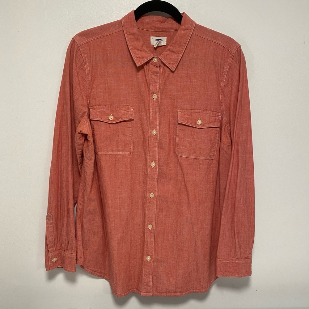 Red chambray button down long sleeve shirt
